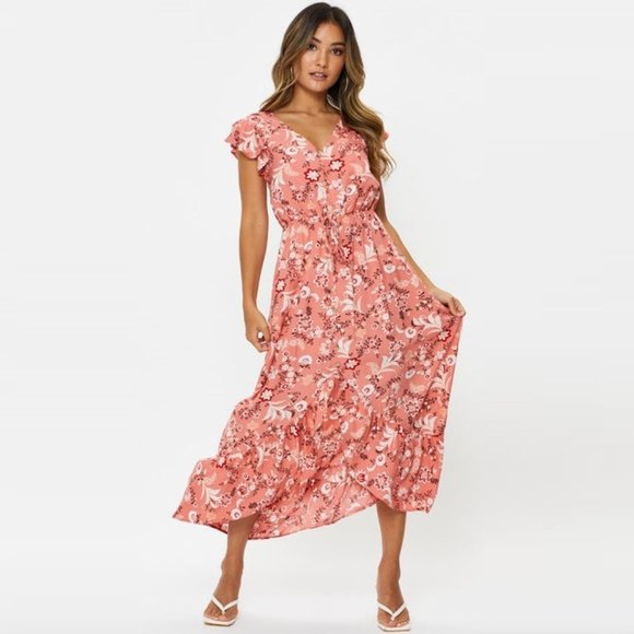 Ally Dresses & Skirts - Coral Pink Boho Floral Ruffle Midi Dress NWT